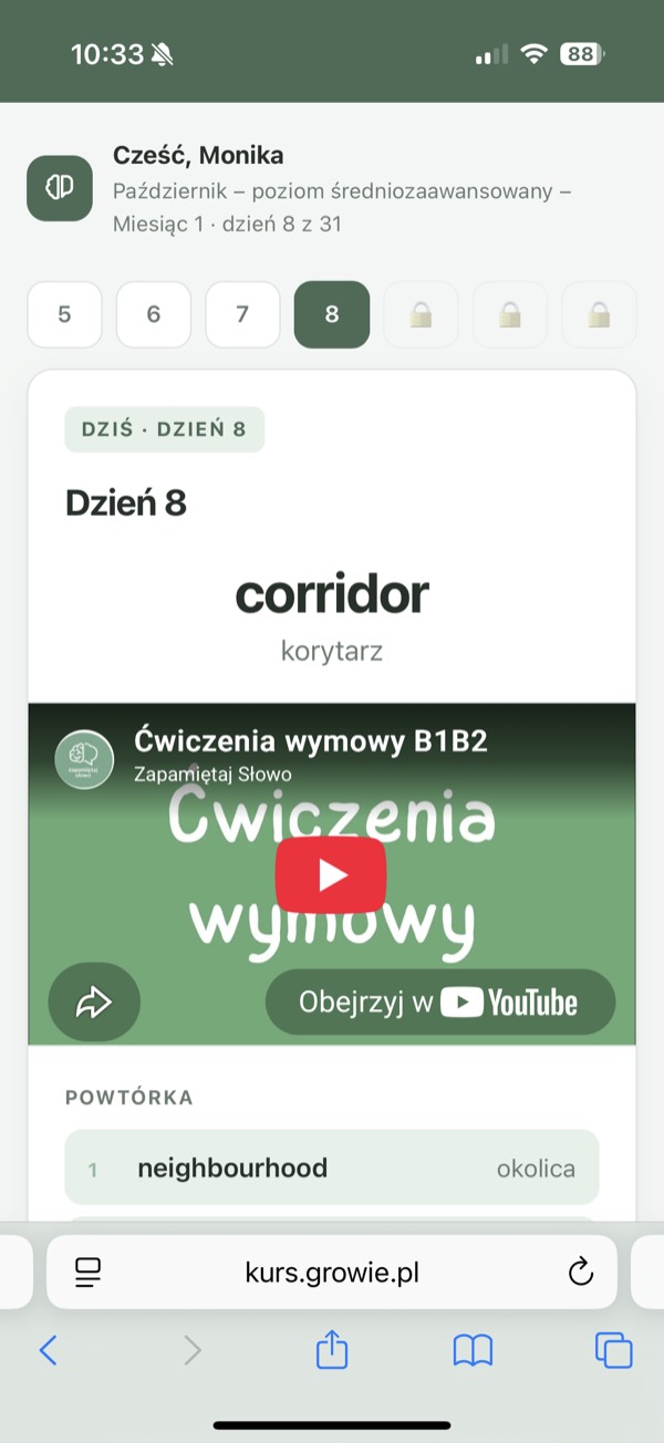 Lekcja na telefonie ze słówkiem corridor i nagraniem z ćwiczeniami wymowy.