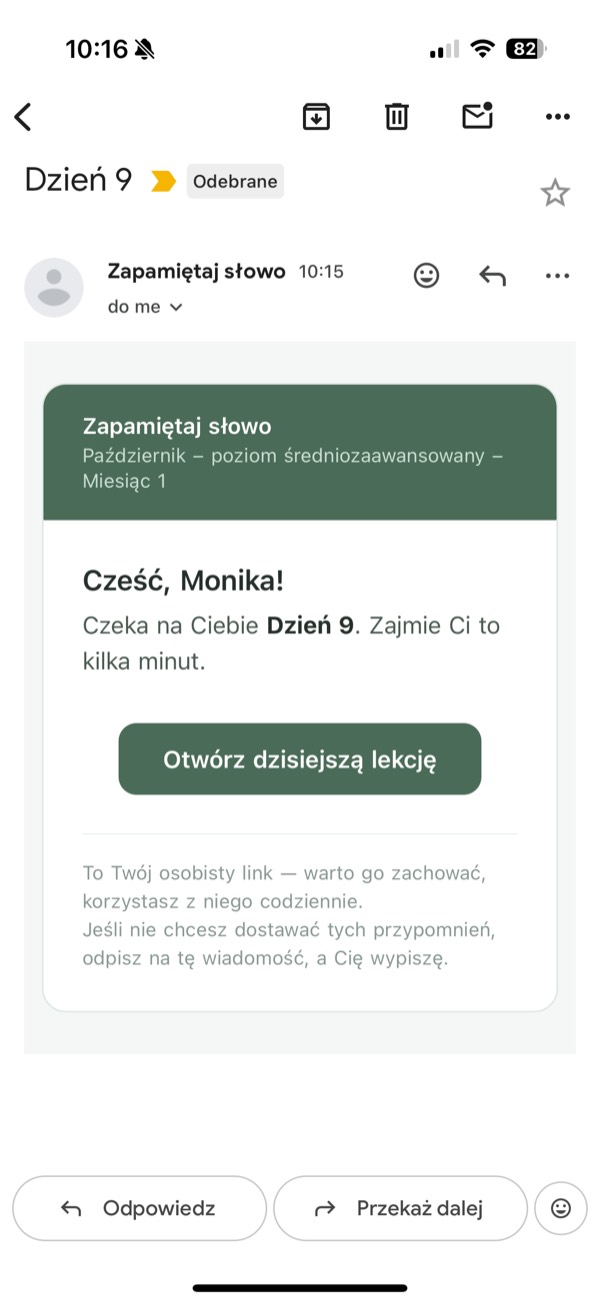 E-mail z przypomnieniem o dzisiejszej lekcji.