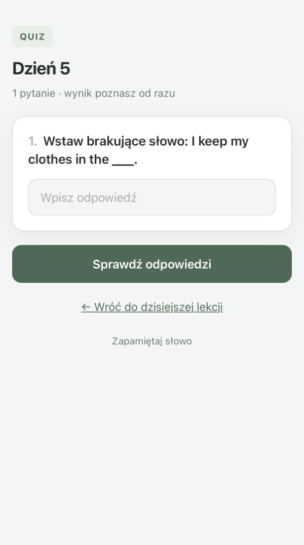 Ćwiczenie polegające na uzupełnieniu brakującego słowa w zdaniu.